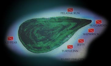 Derawan and its dive sites. The resort is where the jetty is marked